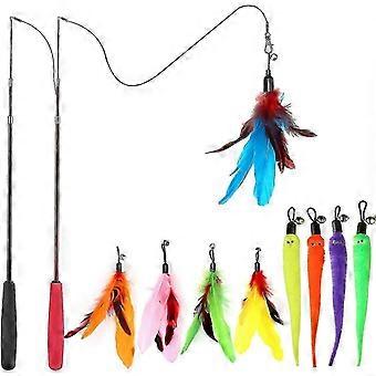 2pcs Retractable Cat Wand Toy And 9pcs Cat Feather Toys Teaser Refills, Interactive Cat Toy - Q1