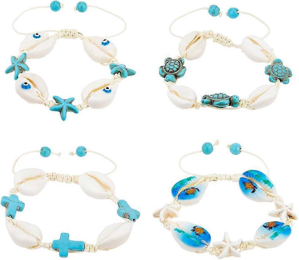 4Pcs 4 Style Shell with Bead Bracelets Set Starfish Turtle Polyester Adjustable Bracelets Mixed Shapes