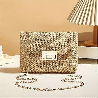Women's Handwoven Straw Square Shoulder Bag, Chain Closure Crossbody Purse