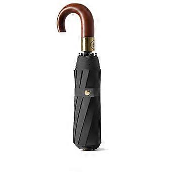 Men's Automatic Black Umbrella Windproof 10Bone Frame Solid Wood Handle Rain and Sun DualUse