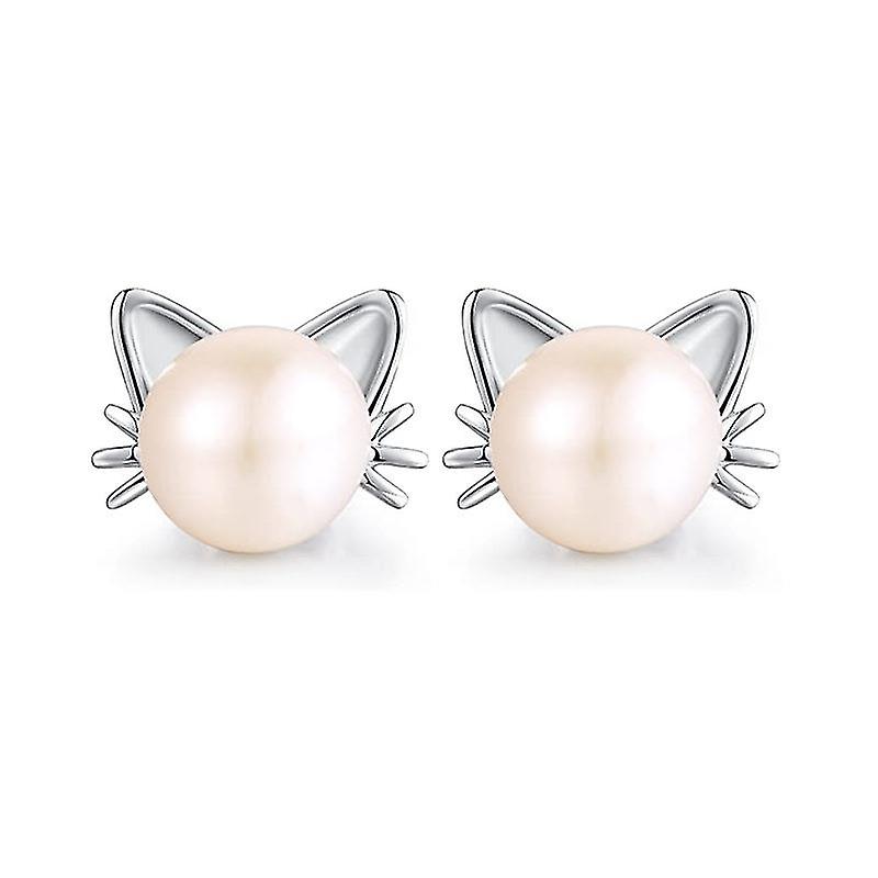 New Cute Cat Pearl Stud Earrings, White Gold