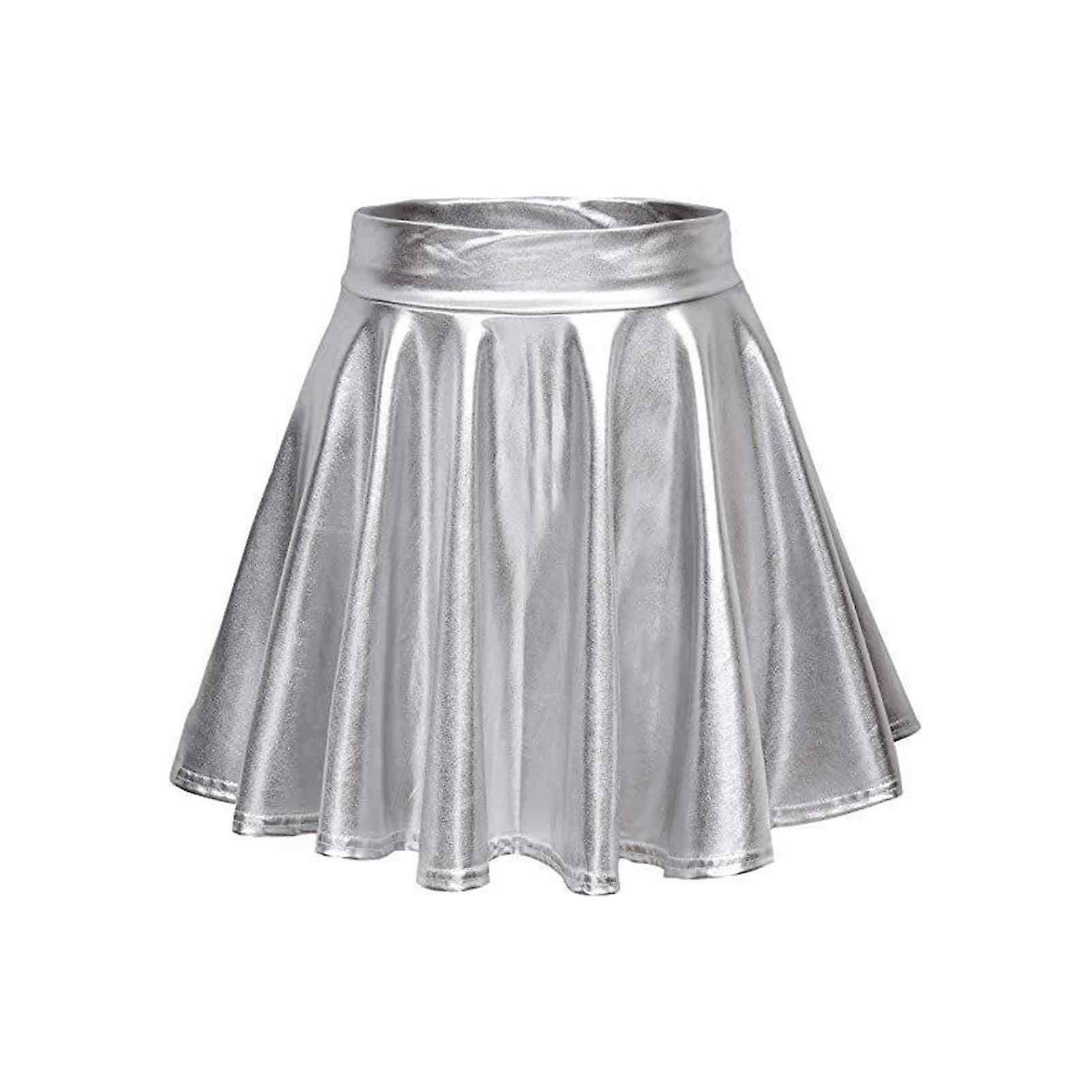 100% New,women's Shiny Metallic Wet Look Stretchy Flared Mini Skater Skirts/m/l/xl
