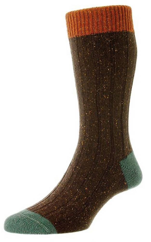 Scott Nichol Thornham Merino and Silk Rib Contrast Heel and Toe Socks - Dark Brown Fleck