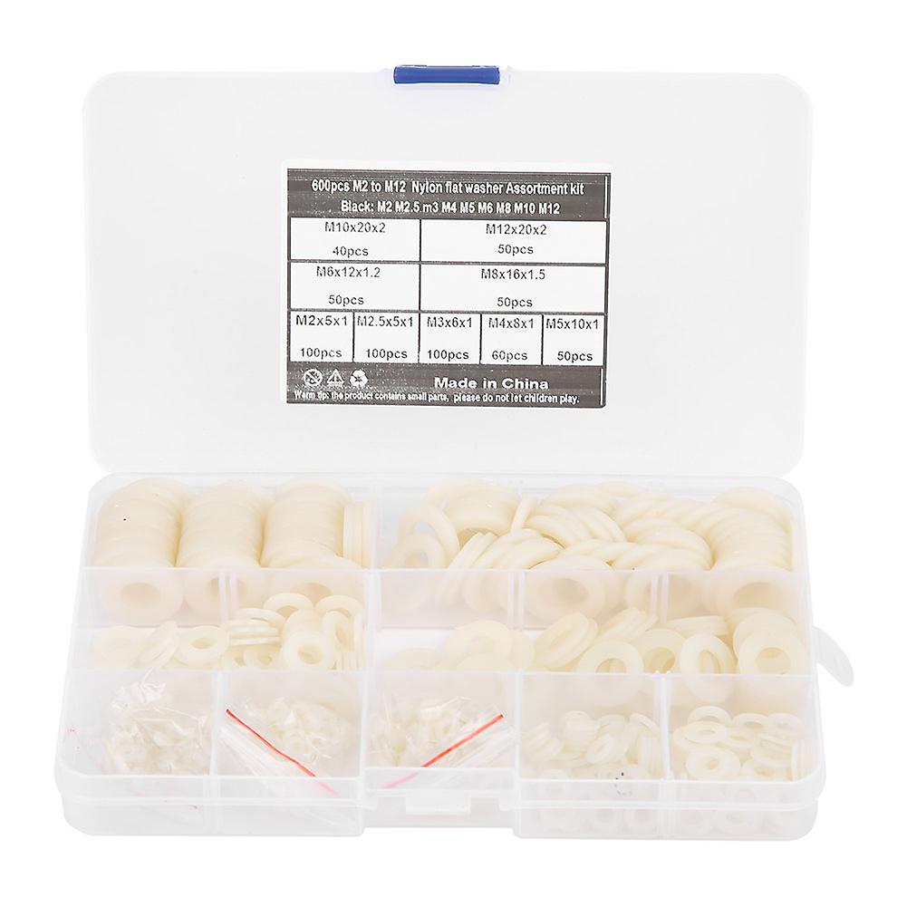 600Pcs Flat Washer 9 Sizes White Nylon Gasket Assortment Kit Fastener Hardware Tools M2-M12
