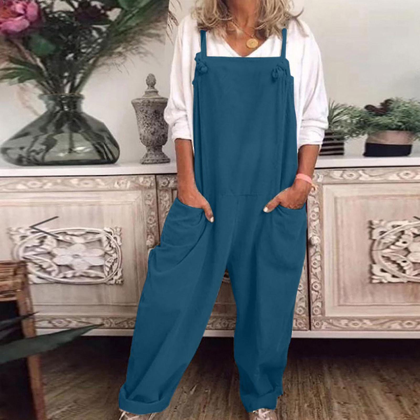 Womens Overalls Casual Loose Dungarees Romper Baggy Playsuit Cotton And Linen Jumpsuit