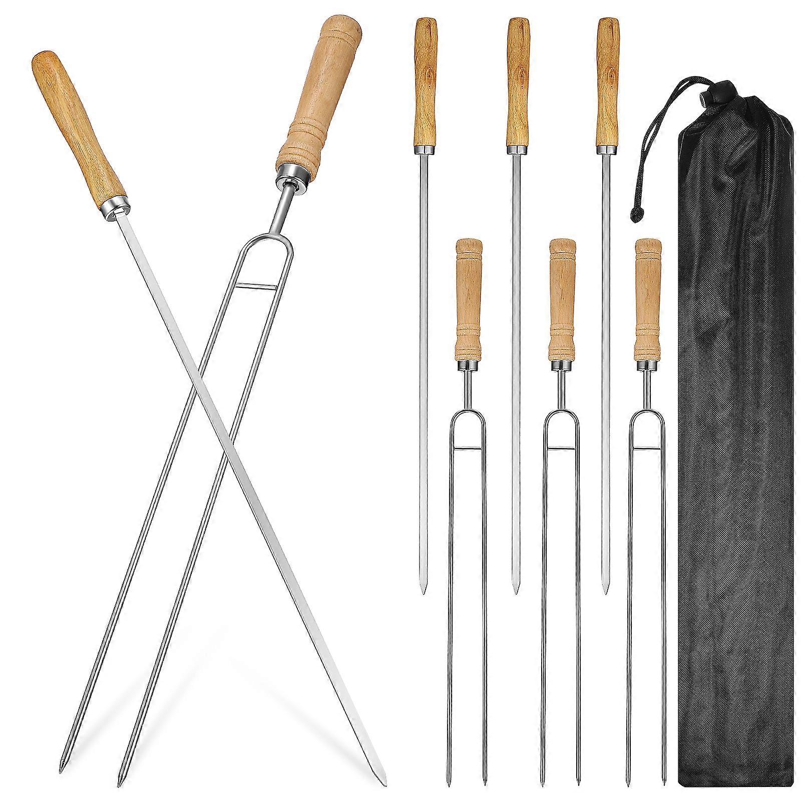 8Pcs Stainless Steel Barbecue Skewers Wooden Handle BBQ Fork Kabob Sticks with Drawstring Bag for Grilling