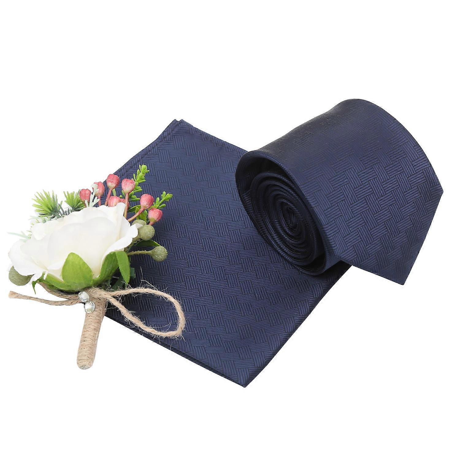 Navy Blue Raffia Basket Tie and Pocket Square Set