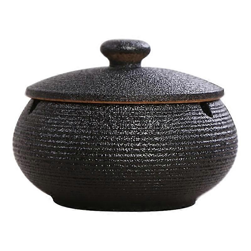 Ceramic Ashtray with Windproof Lid for Indoor Outdoor -Black