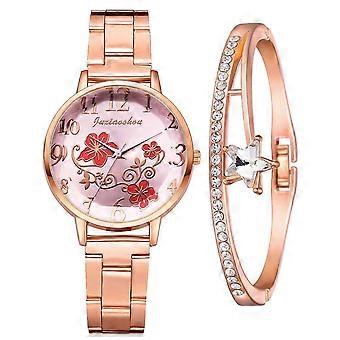 Fashion Ladies Flowers Steel Band Bracelet Watch Set Elegant Geometric Bracelet