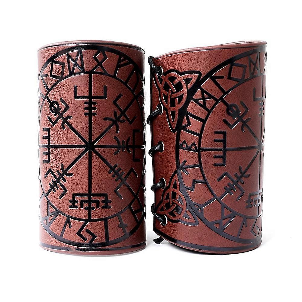 2Pcs Leather Gauntlet Wristband Punk Bracer Leather Arm Guards Gauntlet Viking Runic Compass Embossed Arm Bracers Medieval