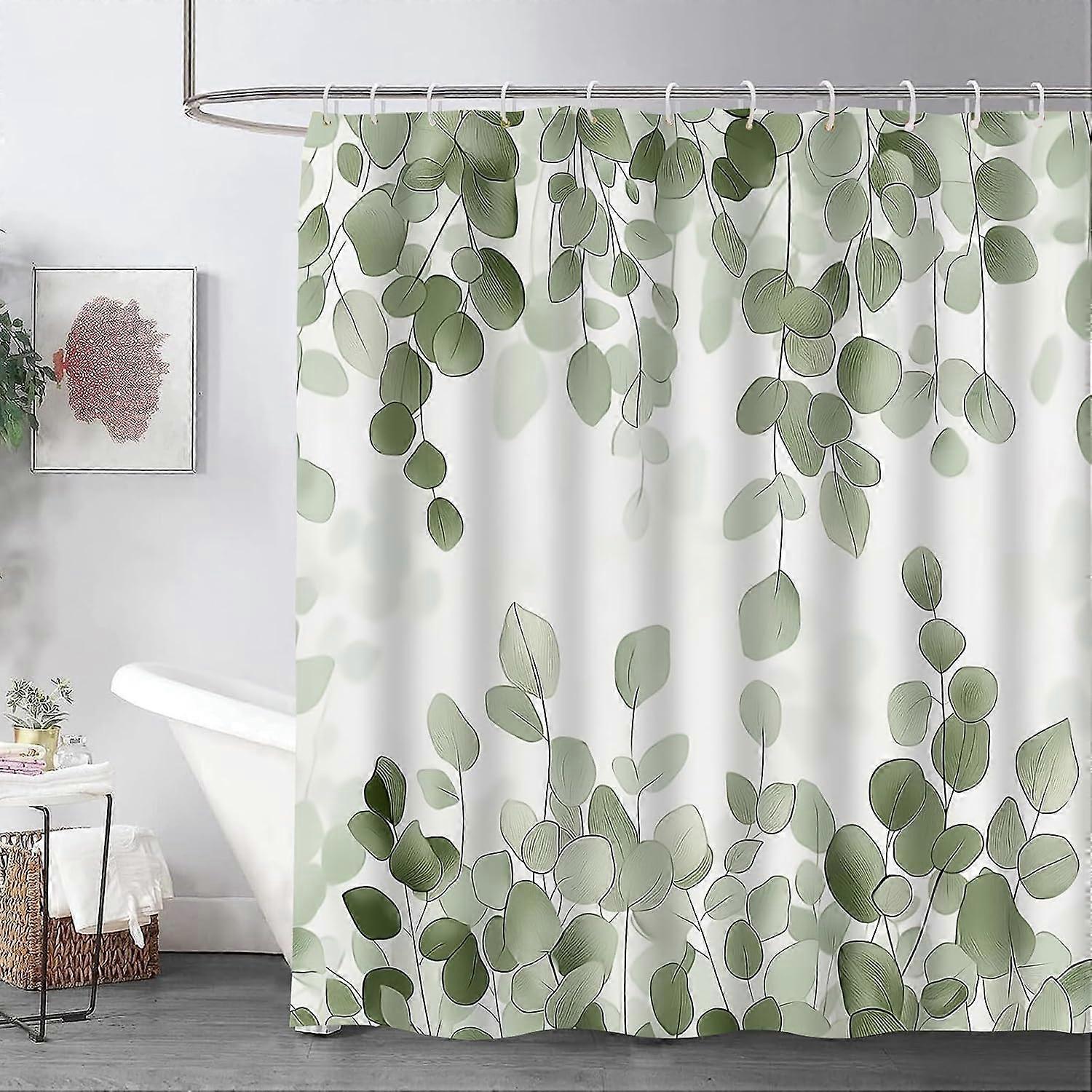 Sage Green Eucalyptus Shower Curtain,Eucalyptus Leaves Decor, Modern Botanical Print Bath Curtain, Waterproof Polyester Fabric with 12 Hooks, 72x72 In