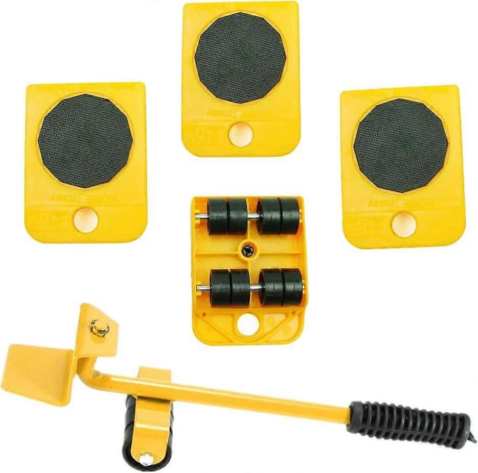 1 set of tools for lifting and moving a furniture lifter for lifting furniture and heavy equipment, 1 lifting rod and 4 moving rollers (Yellow)