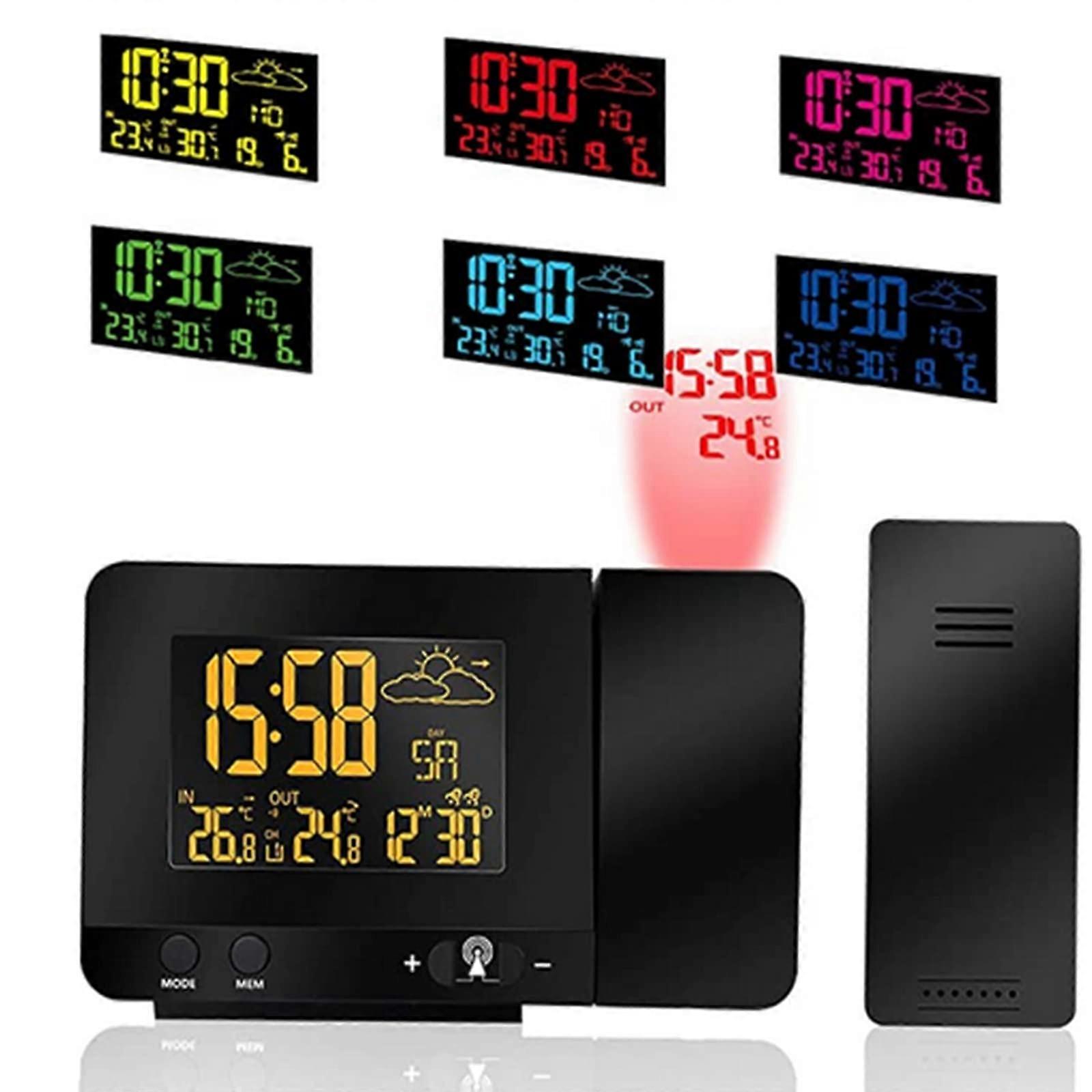 good Digital Projection Alarm Clock, Indoor and Outdoor Temperature, Weather Forecast, 12/24H Day Date Display, Snooze Function, USB Charging Port, 8 