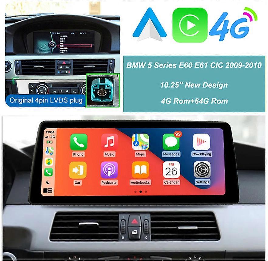 10.25" 4G+64G Wireless Carplay Multimedia Player For BMW 5 Series E60 E61CCC CIC Android Auto 2Din Headunit GPS 4G Wifi