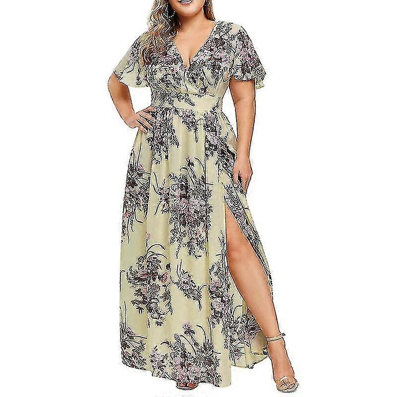 Bayan Zarif V Yaka Çiçekli Plaj Maxi Elbise Yaz Partisi Side Bölünmüş Uzun Elbise
