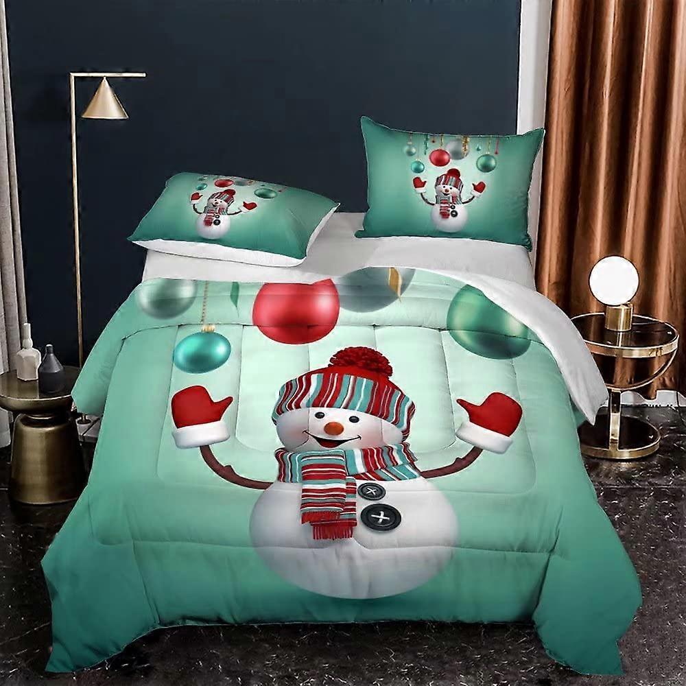 Christmas Green Comforter Set, Holiday Style Snowman Baubles Printed Ultra Soft and Breathable Microfiber Fill Warmth Down Bedspreads Bedding Sets, Fu