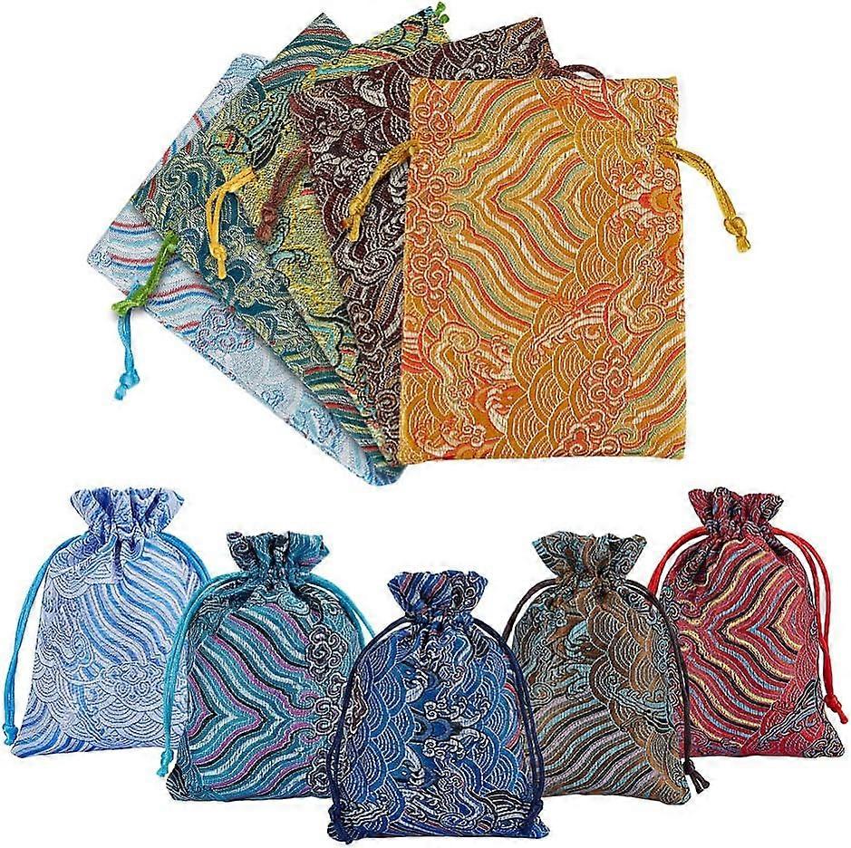 10Pcs 10 Styles Silk & Brocade Pouches Drawstring Bag Rectangle with Wave Pattern Mixed Color 13.7~14.2x10x0.1~0.4cm 1pc/style
