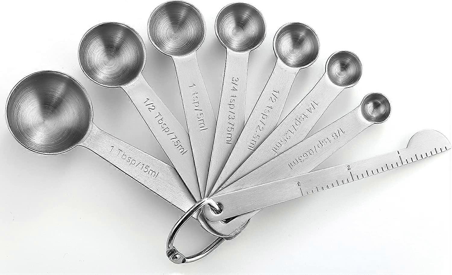 Round Stainless Steel Measuring Spoons with Convenient Straightener, Easy-to-Read Markers, Set of 8