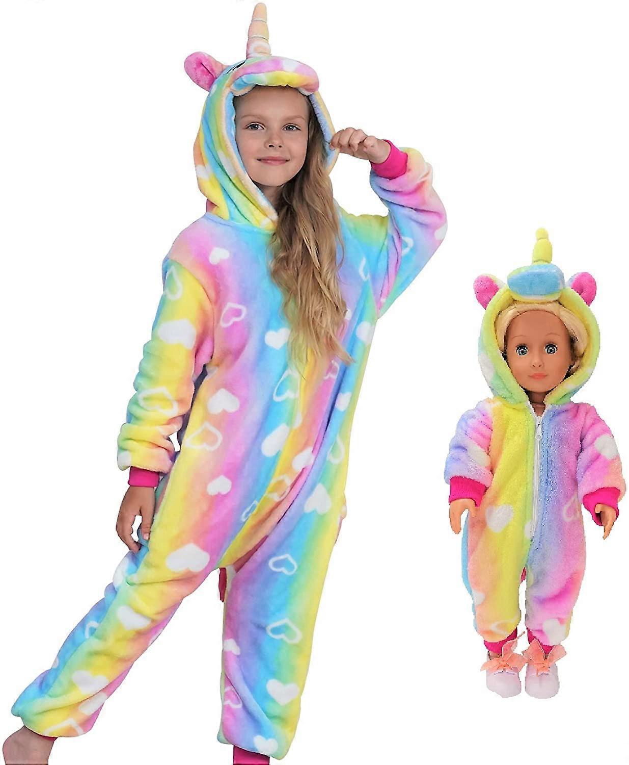 Pijamas Infantis Rainbow Hearts/d3-4Years Onesie Combinando para Boneca & Meninas