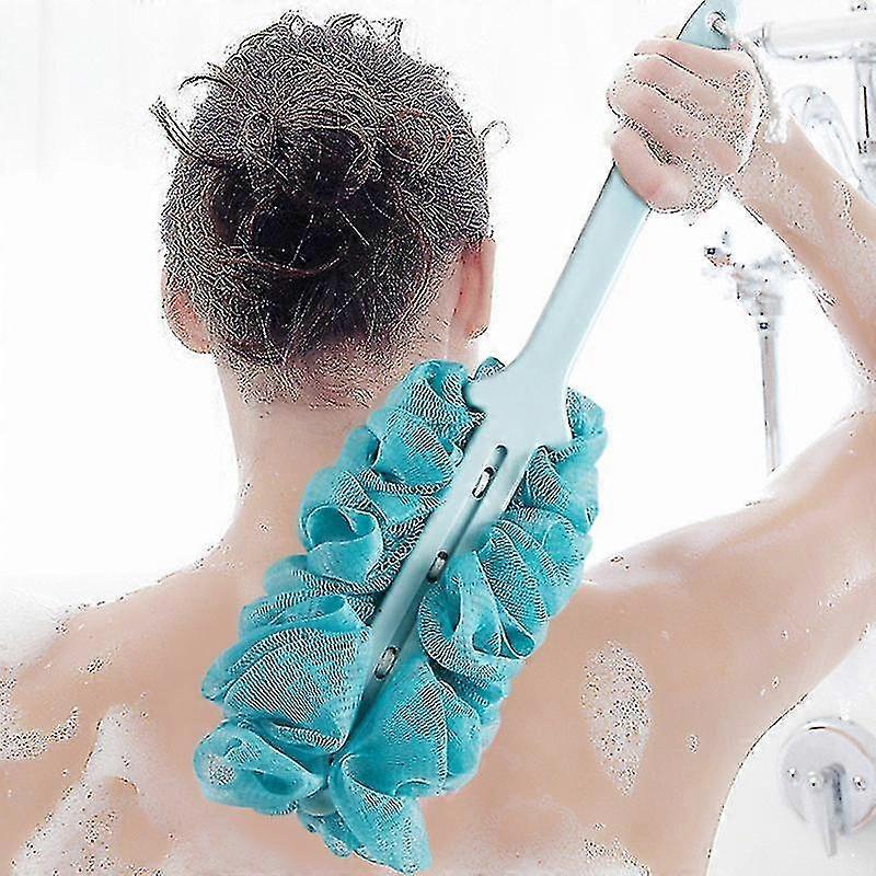 Long Handle Bath Brush Back Scrubber Shower Body Brushes Sponge Mesh (Blue)