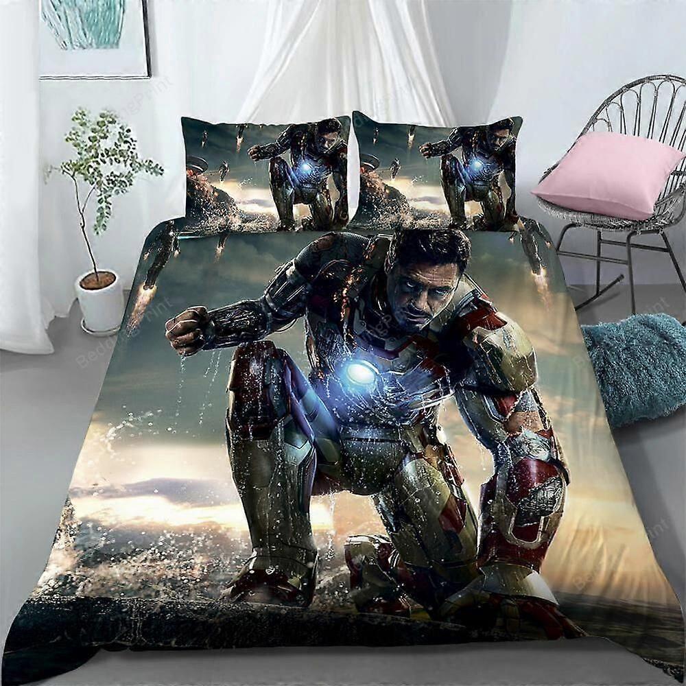 v2176 Bed Sheets Iron Man Printed Quilt Duvet Cover Set Kids Children Home Textiles Pillowcase3-Piece Bedding Set (1 Duvet Cover + 2 Pillow Shams) Bed