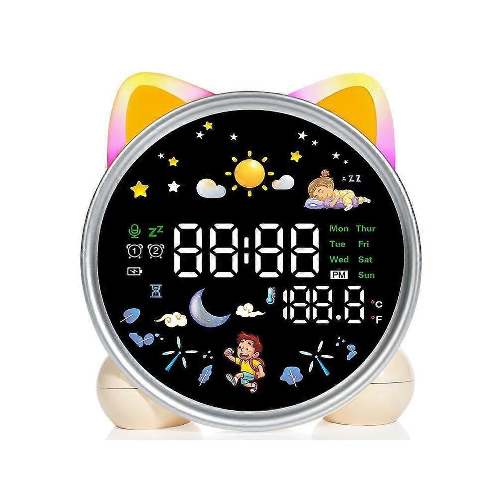 Cute Cat Kids Alarm Clock, Sleep Training Clock with Sun & Moon, Sleep Sound Machine, Timer Night Light, OK to Wake Clock