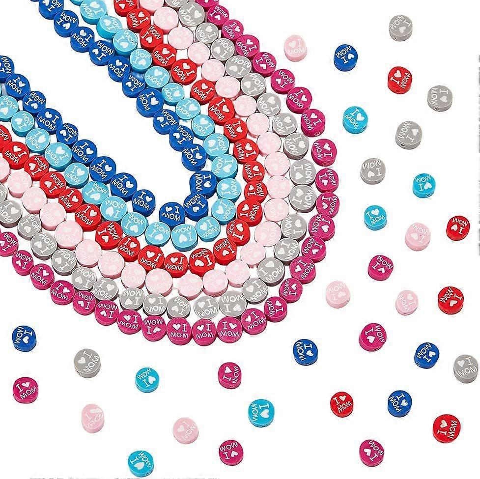 About 240 Pcs Polymer Clay Beads 6 Colors Mother's Day Theme Polymer Clay Beads Flat Round with Word I Love MOM Soft Pot Spacer Beads Crafts Handmade 