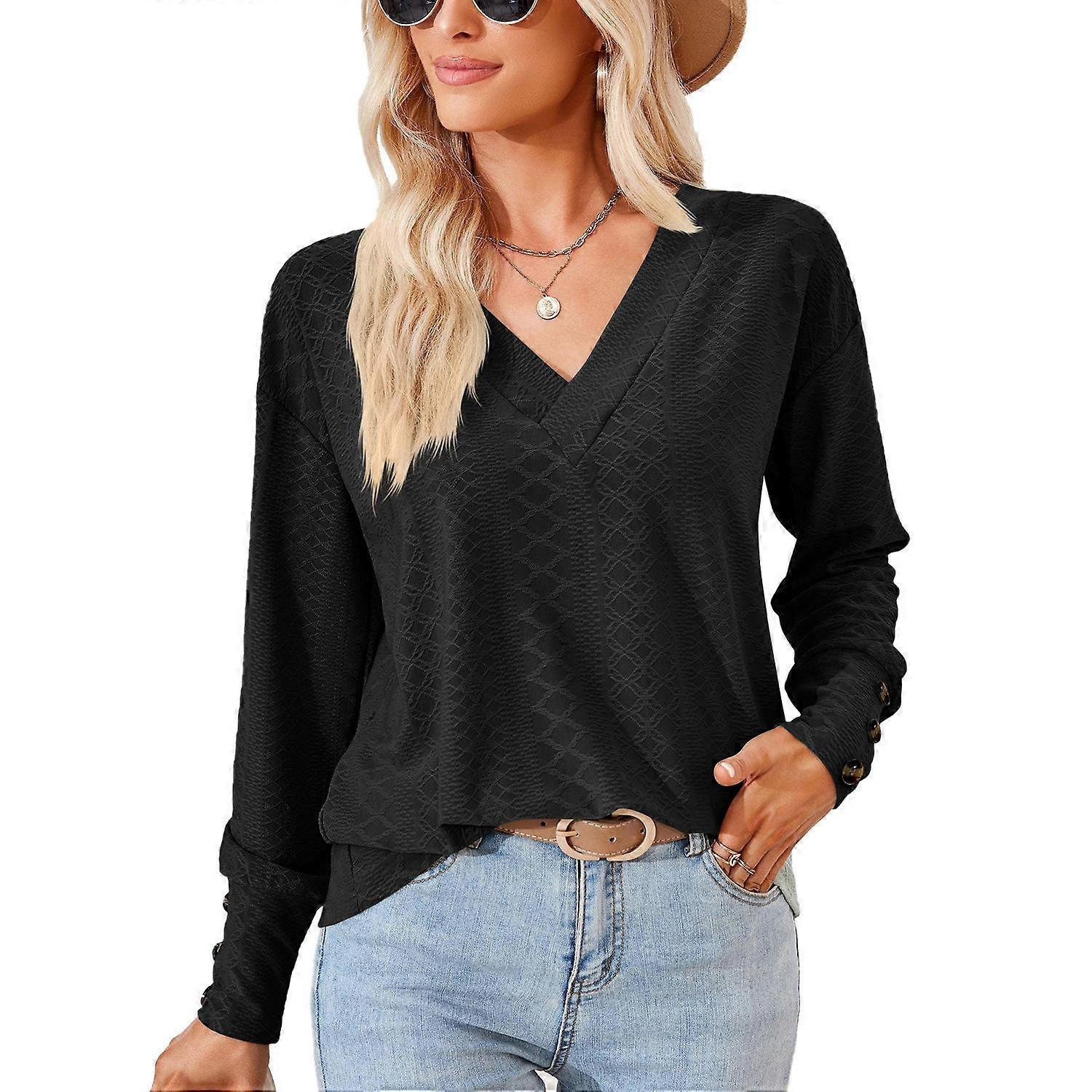 Spring and Autumn Women's Blouse Solid Color V-neck Jacquard Buttons Loose Long-sleeved Tops