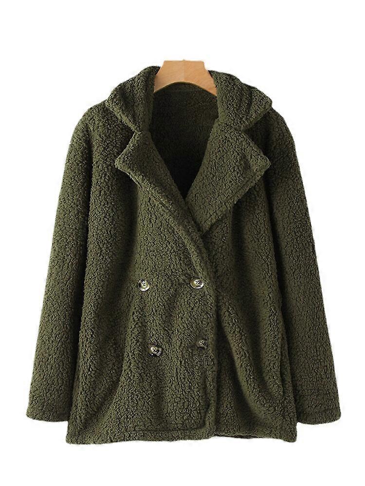 Women Solid Color Double Breasted Plush Warm Coat With Pocket