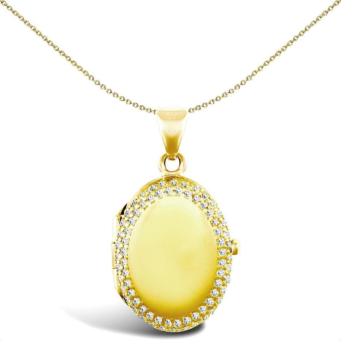 Jewelco London Ladies 9ct Oro Bianco Bianco Rotondo Brillante Cubiccubo Telaio Ovale Locket Ciondolo