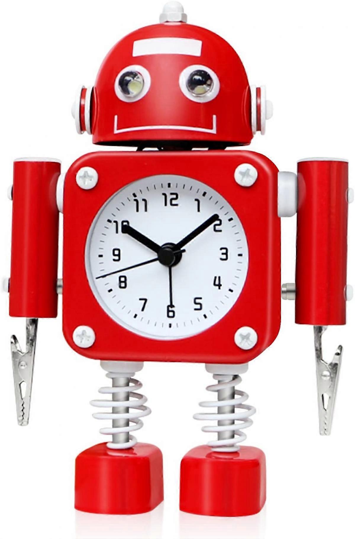 SQCLV Non-Ticking Robot Alarm Clock Stainless Metal - Wake-up Clock with Flashing Eye Lights and Hand Clip (Ruby Red)