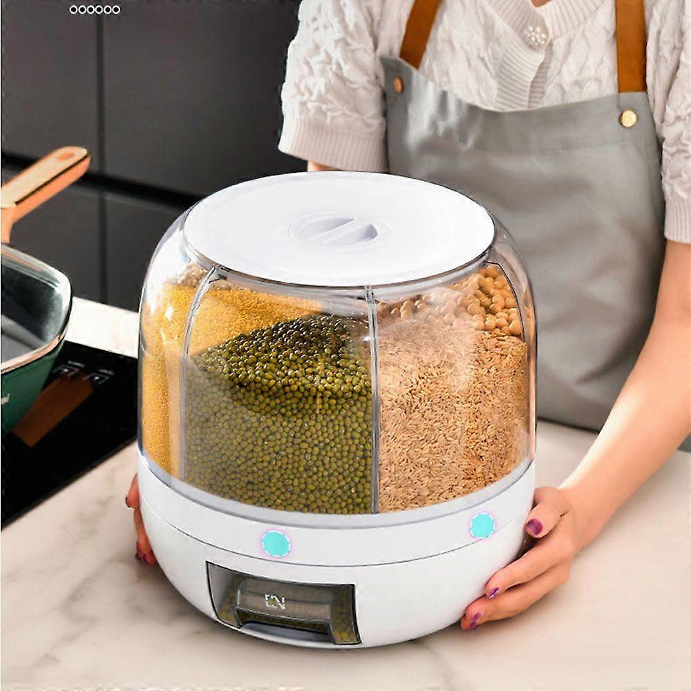 360 Rotating Grain Dispenser 6-Grid Rice Beans Dry Food Storage Box Insect-proof Kitchen Food Organizer