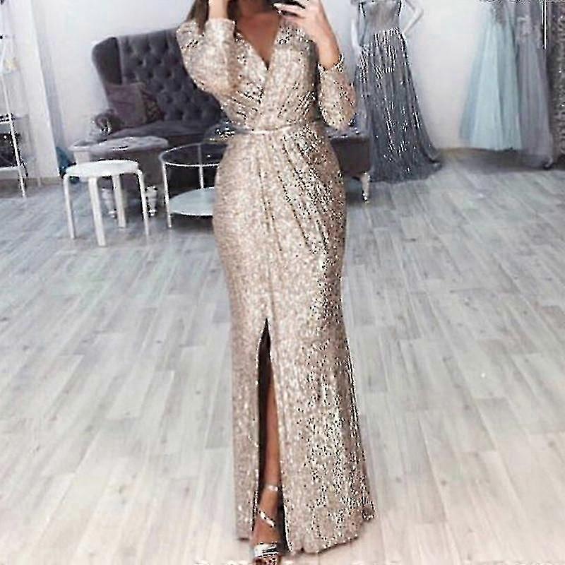 Women Deep V Neck Sequin Dress With Slit Long Sleeve Club Party Evening Dress For Women Lady New