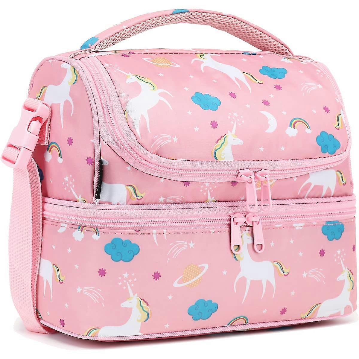 Unicorn Design Double Decker Insulated Lunch Bag with Adjustable Strap, Large Size, Durable Material, Stylish Kids Backpack