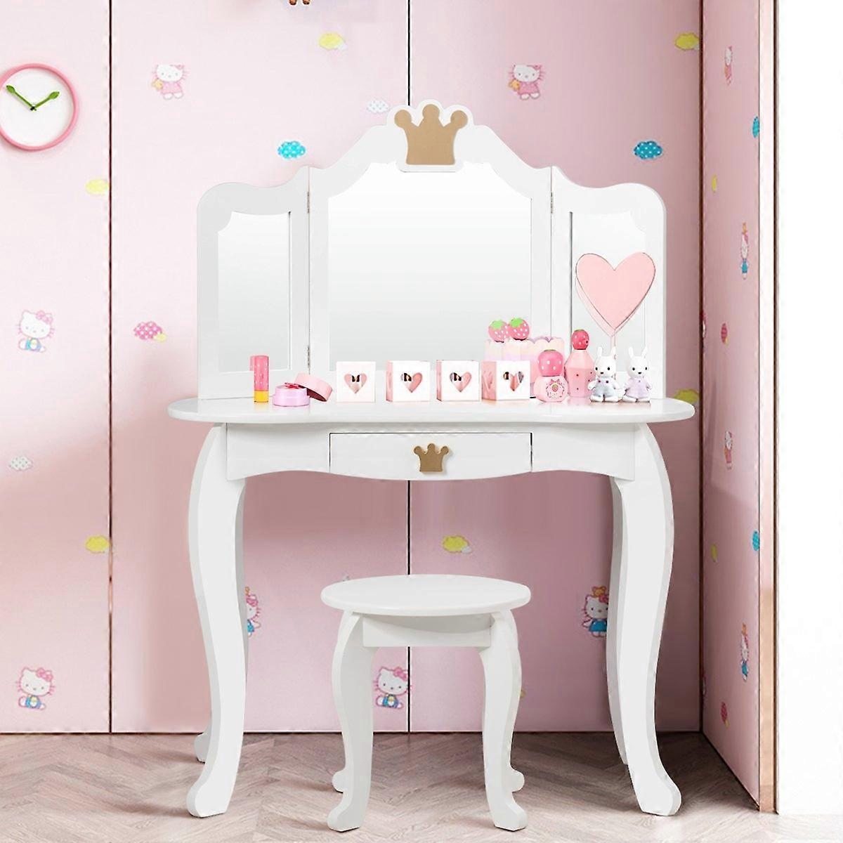 2 en 1 coiffeuse ensemble coiffeuse pour enfants coiffeuse filles table miroir en bois blanc 80x42x105cm
