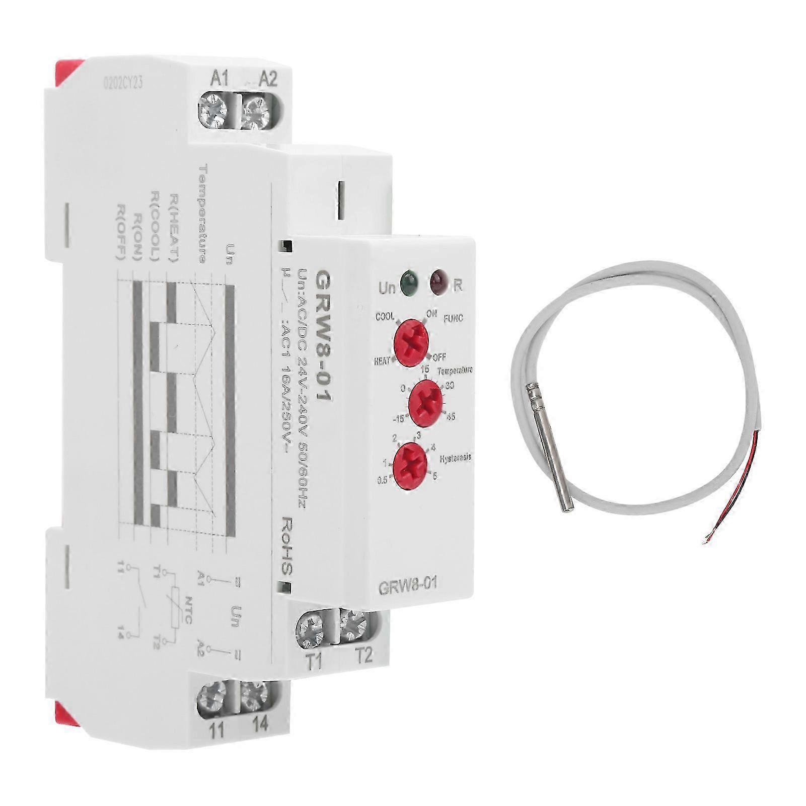 Temperature Control Relay LED Indicate High/Low Temperatures Monitor with Probe GRW8-01