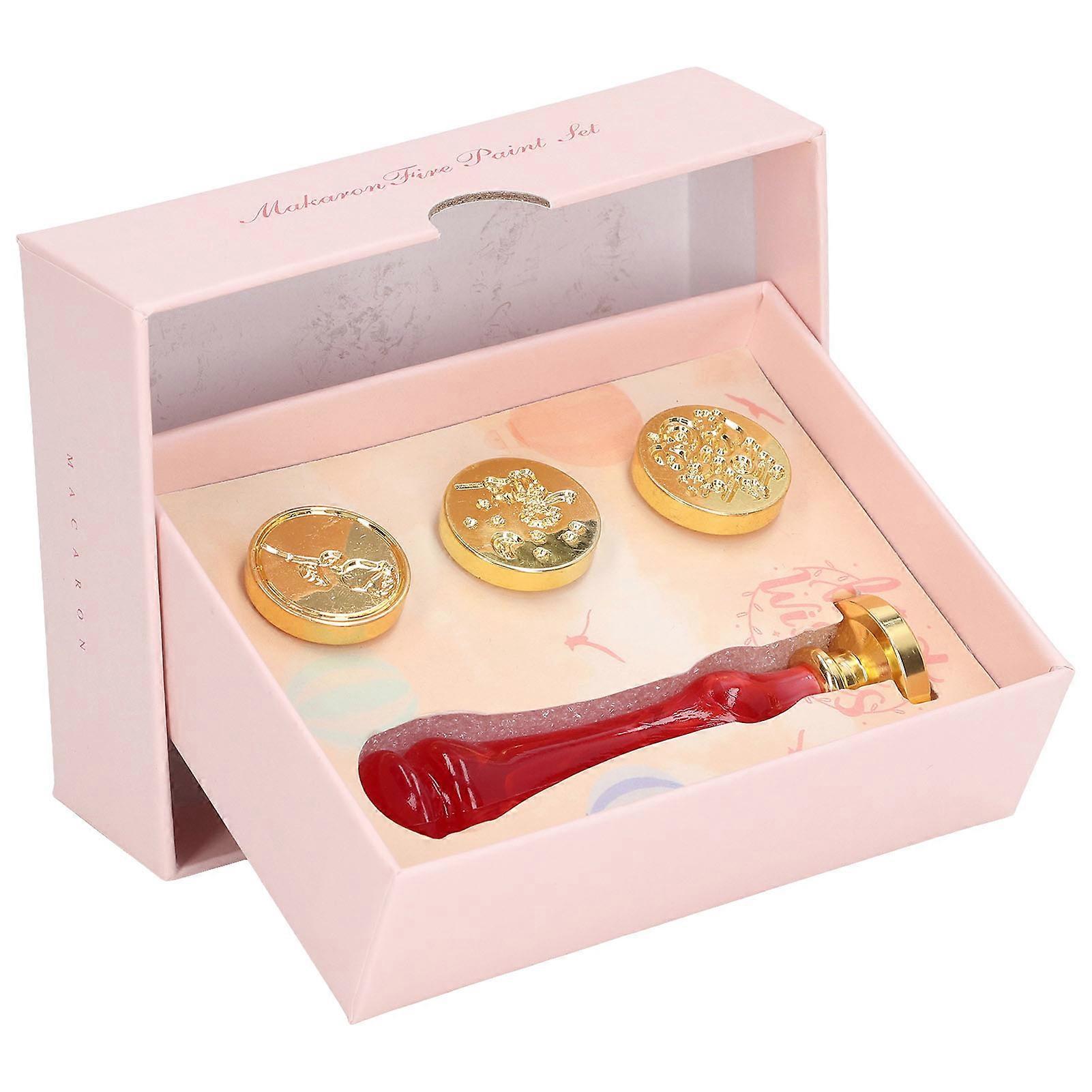 Wax Delicate Pattern Detachable 4 Vintage Heads Wax Stamp Seals Kit with Resin Handle for Invitation