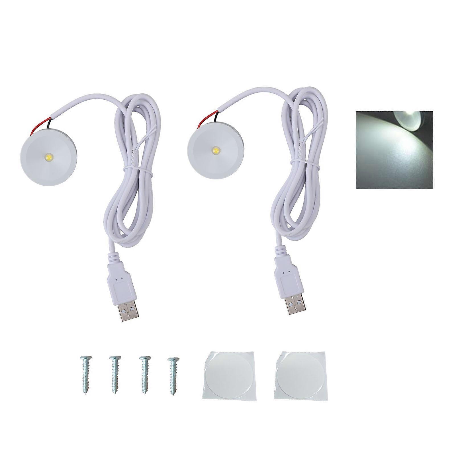 Lot de 2 mini projecteurs LED ronds USB 5 V 1 W avec fil de 1,3 m, éclairage pour vitrine, entrée, lumière blanche