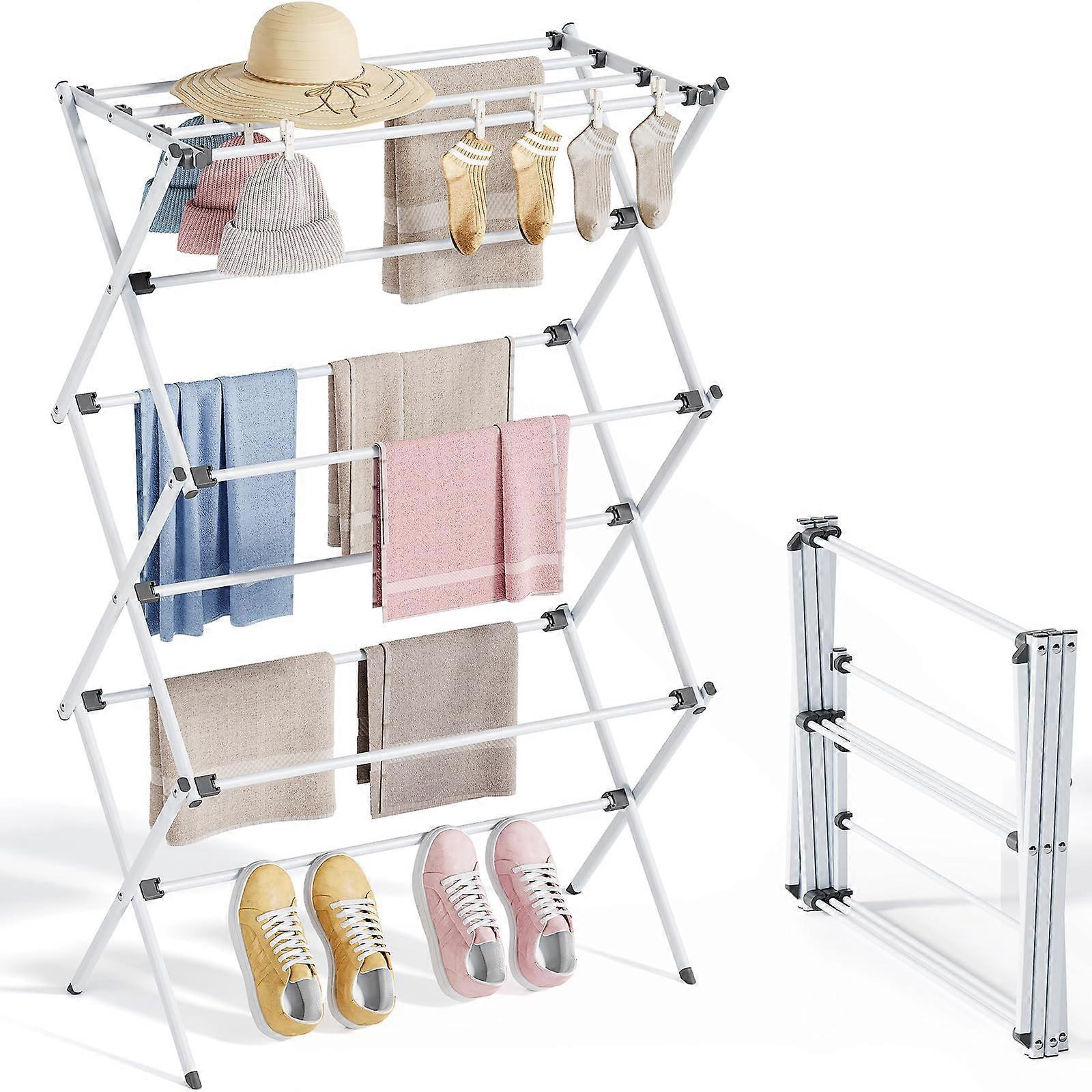 3-Tier Foldable Metal Clothes Drying Rack Laundry for and Towel Air Drying, White