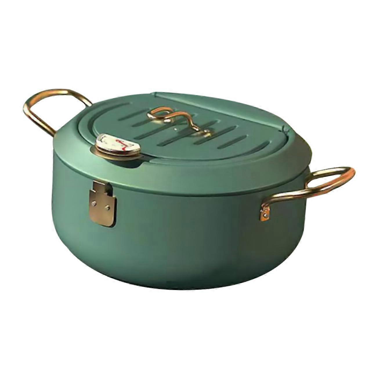 Fry Pan Deep Fryer Pot with Strainer Basket and Thermometer, Mini Nonstick Carbon Steel Cooking Pot, Green