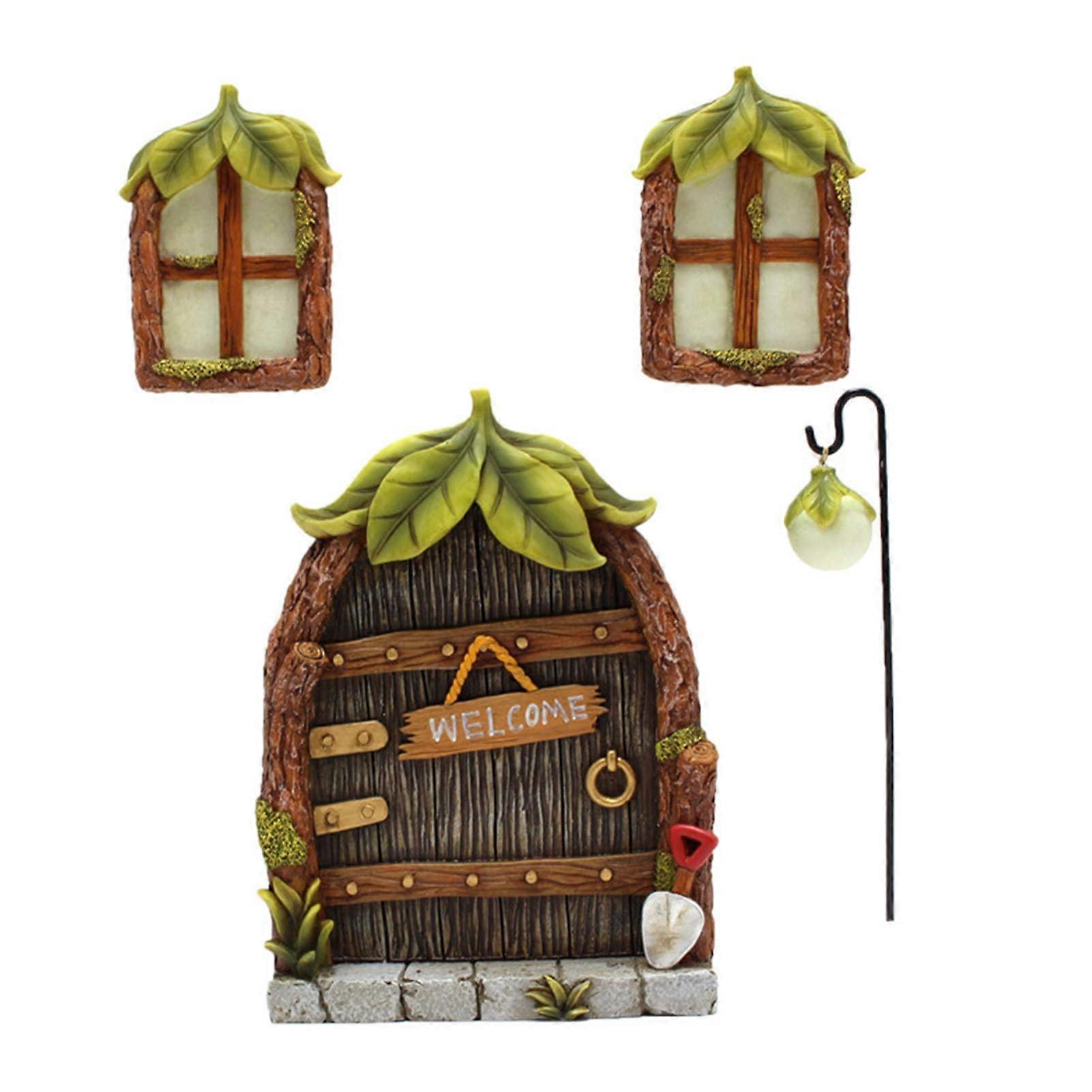 Fairy Door and Window for Trees, Resin Miniature Gnome House Window and Welcome Door with Lantern, Glowing Garden Decor