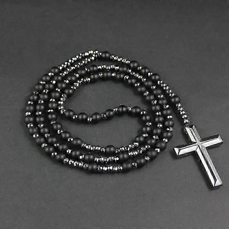 Crucea religioasă pandantiv colier bărbați hematite margele colier negru flash margele colier femei diagramă lanț lung colier qj-01