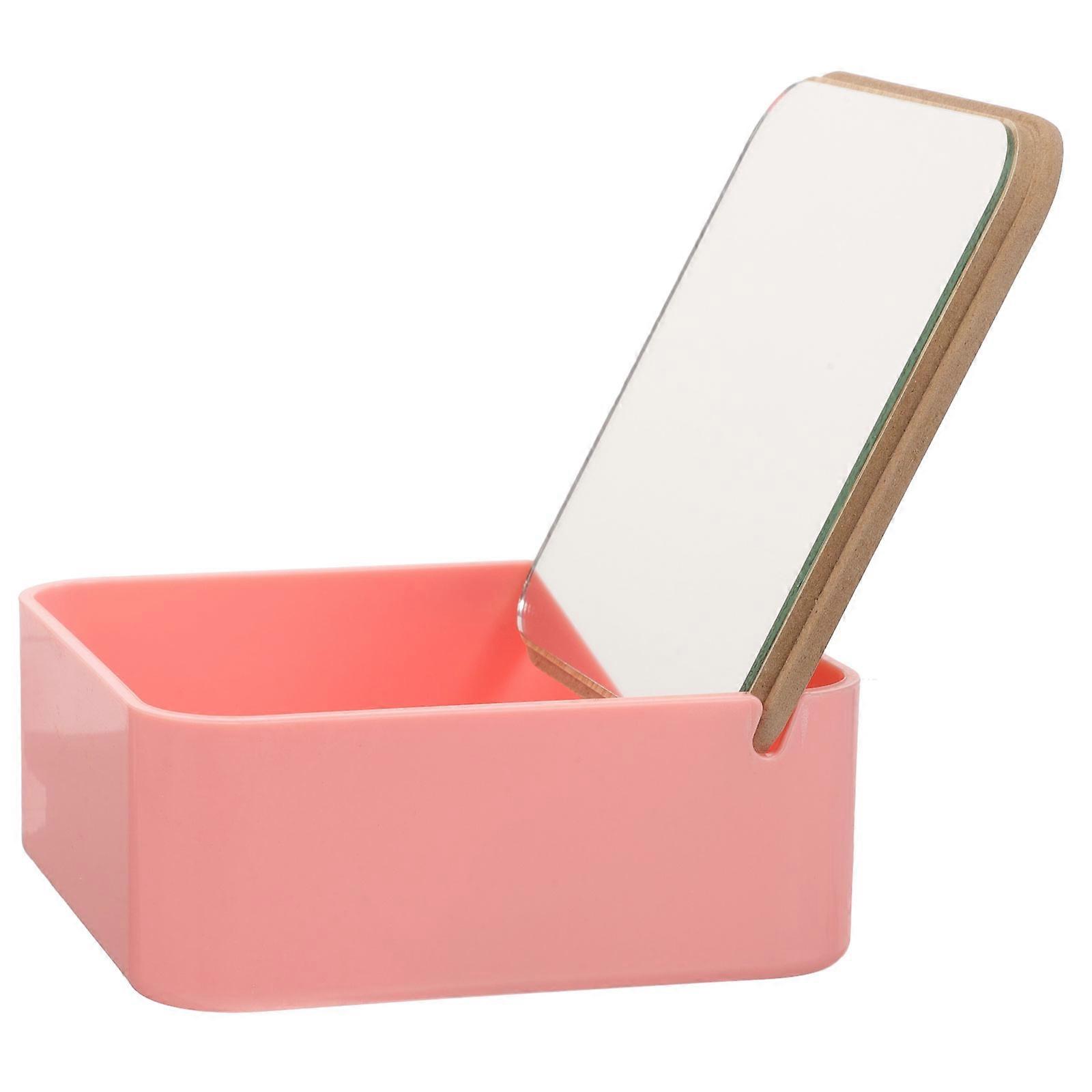 Cosmetics Mirror Storage Box Desktop Makeup Organizer Clamshell-Type Pink Home Use 1Pcs