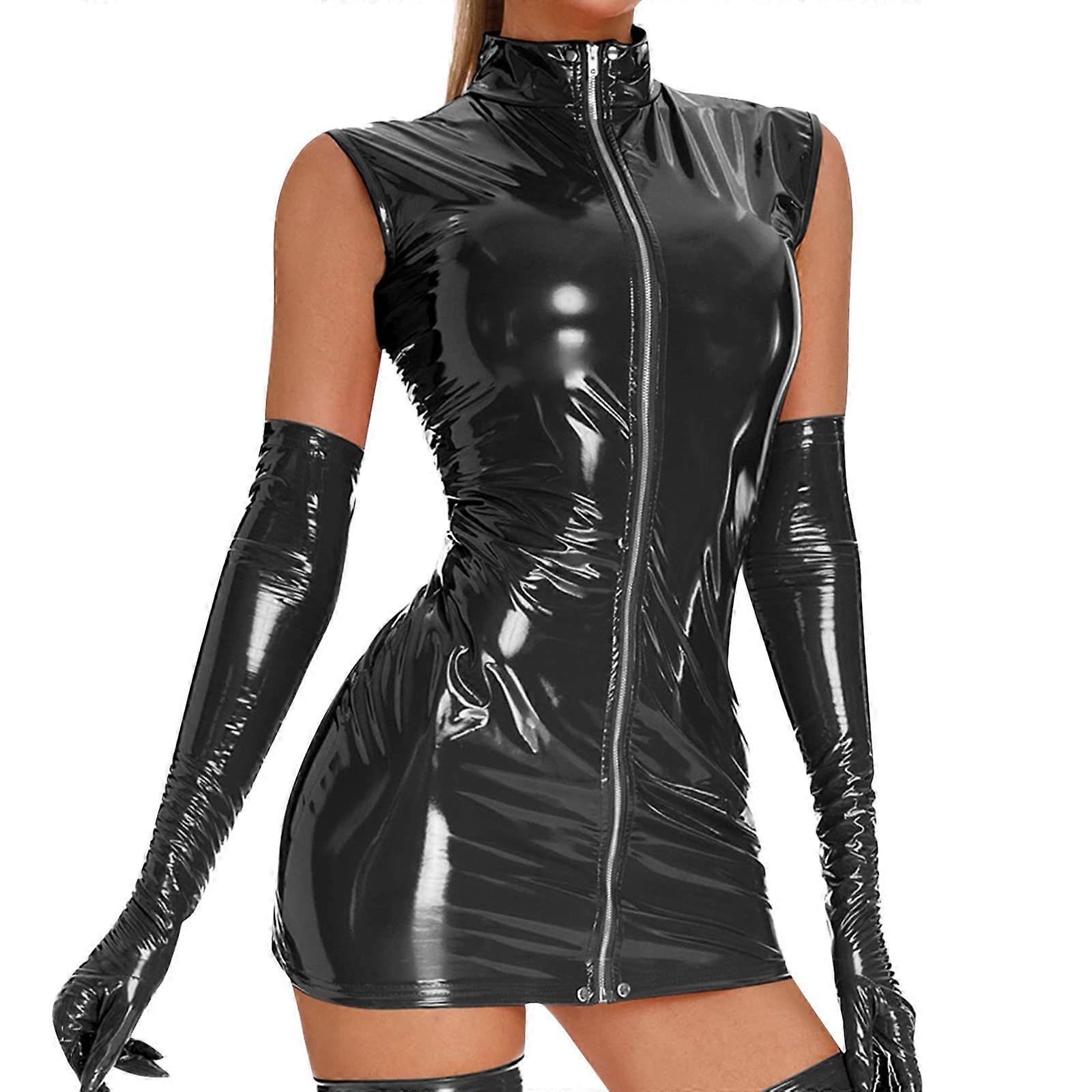 Wet Look Bodysuit Zipper Lingerie Set with Stockings Black Size L