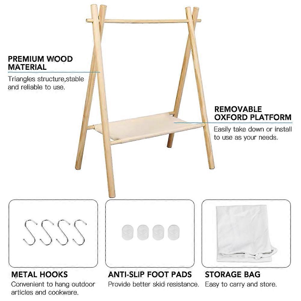 Outdoor Wood Cookware Hanging Rack Camping Triangular Hanging Rack with Hooks Storage Bag