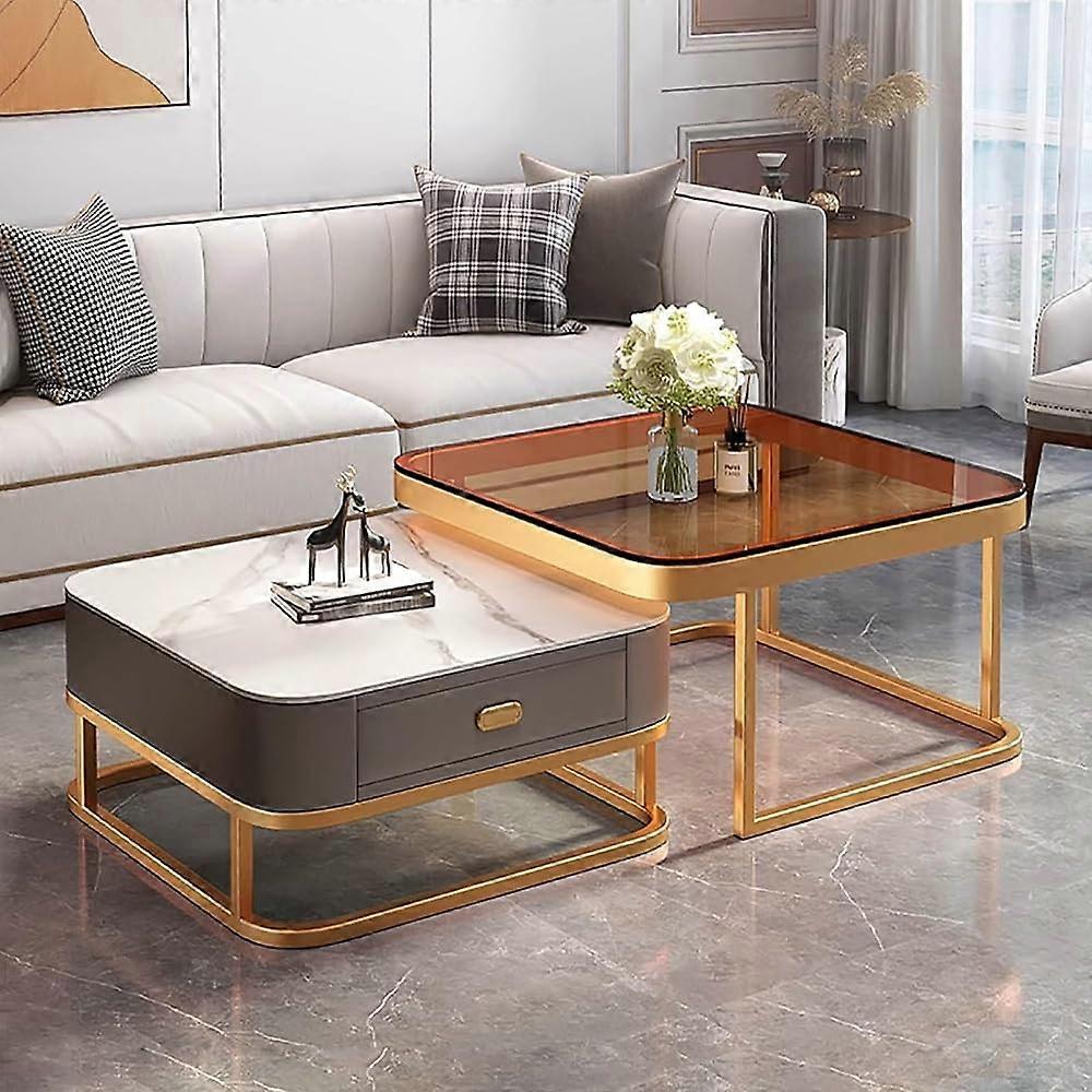 Square Glass Coffee Table, Set of 2, Gold with Metal Frame, Storage Space, Modern Design Ref: 4130