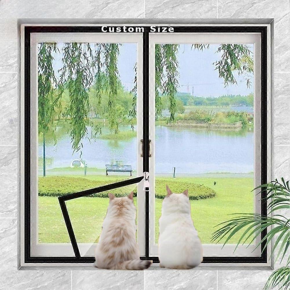 DIY Window Screen with Zipper Opening, Window Screen Netting for Cat Bird, SelfAdhesive Mosquito Net (White Mesh, Black Stickers)