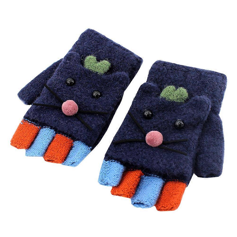Girls Winter Wear Knit Gloves Warm Writing Convenience Plush Lining Dark Blue 1Pair
