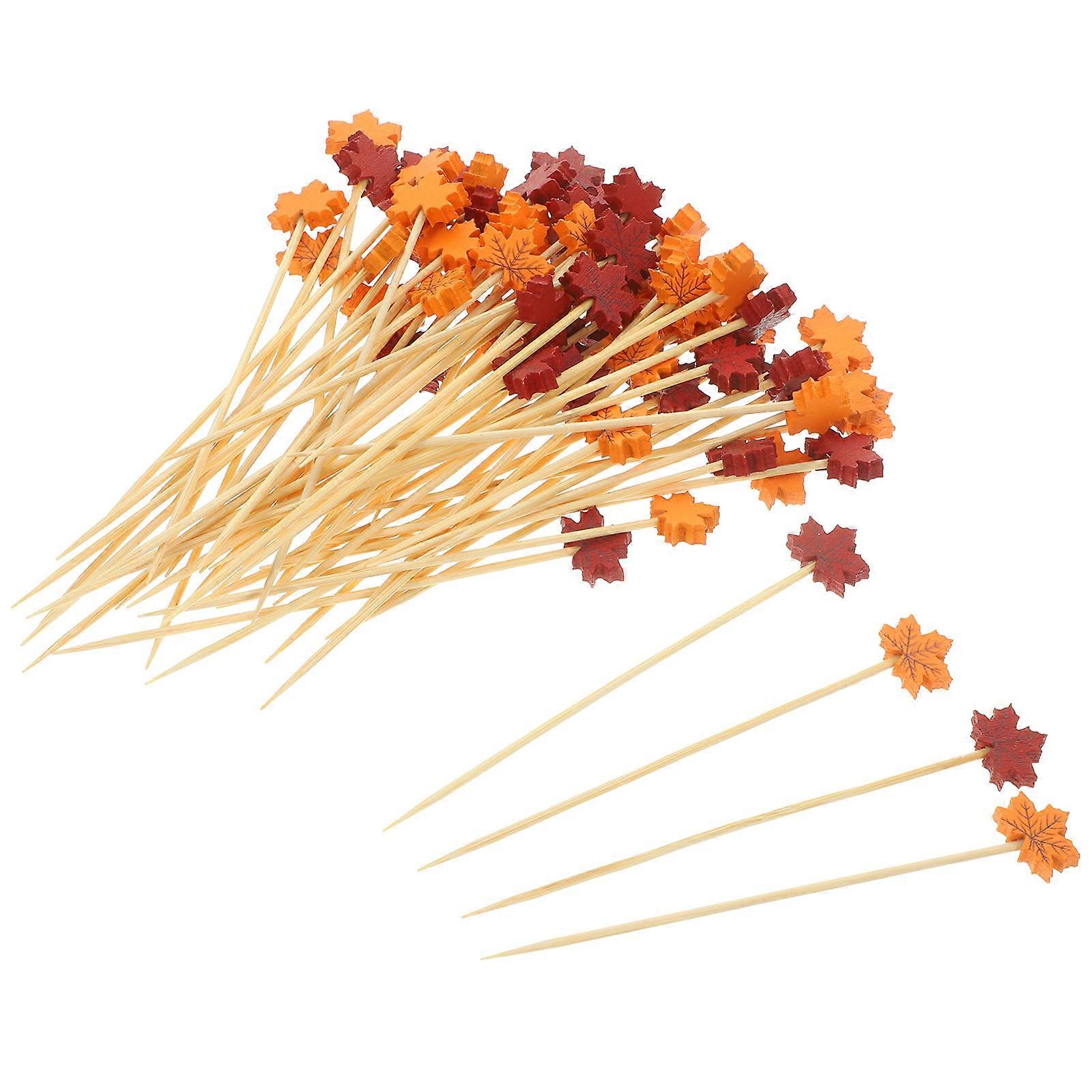 200 Assorted Color Bamboo Cocktail Skewers with Maple Leaf Design for Appetizers and Desserts 200 pcs
