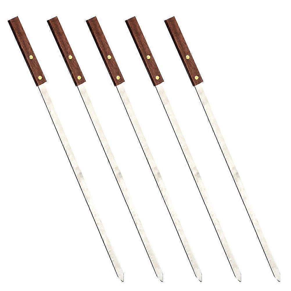 Stainless Steel BBQ Skewers with Wooden Handle for Even Cooking and Safe Grilling 5 Pieces Long Flat Meat Sticks